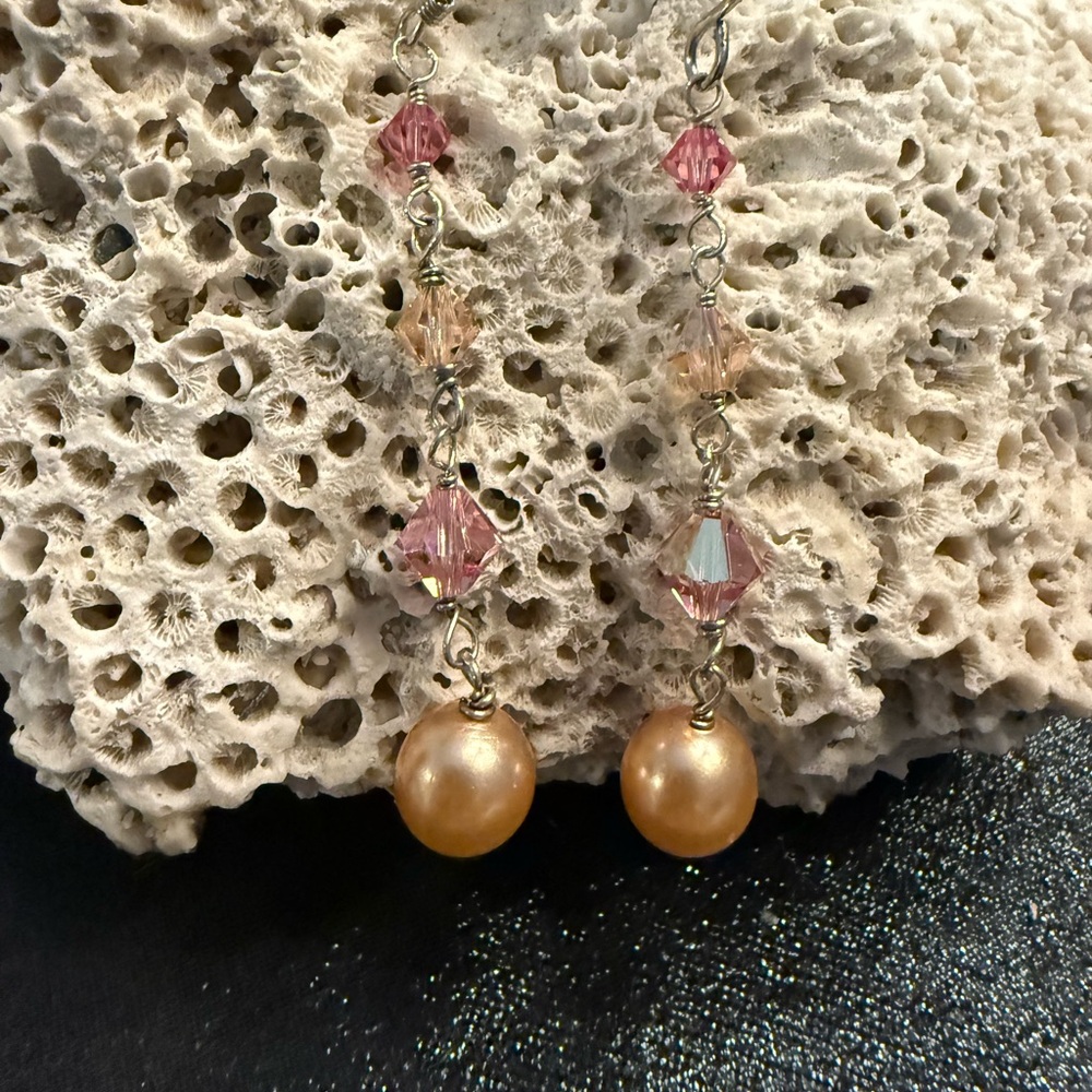 Champagne & Pink, Pearl and Crystal Sterling Silver Earrings. NWOT